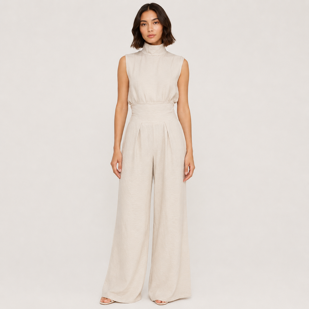 Hum | Cream Two Piece Set High Neck Top Wide Leg Pants