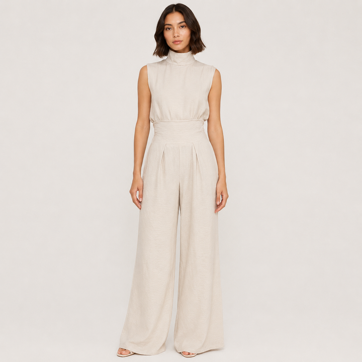 Hum | Cream Two Piece Set High Neck Top Wide Leg Pants