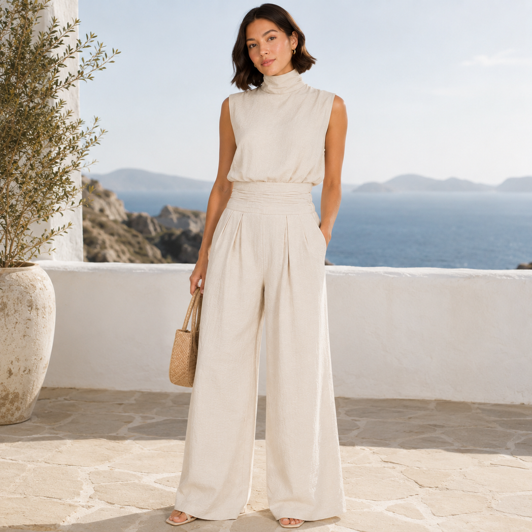Hum | Cream Two Piece Set High Neck Top Wide Leg Pants