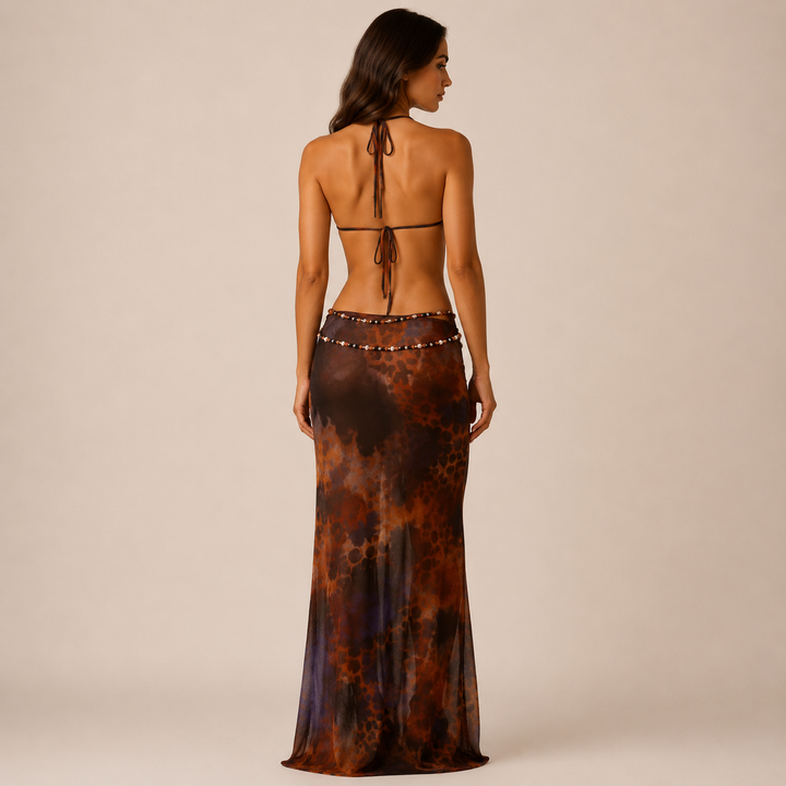 Crave | Brown Animal Print Deep Plunge Halterneck Maxi Dress