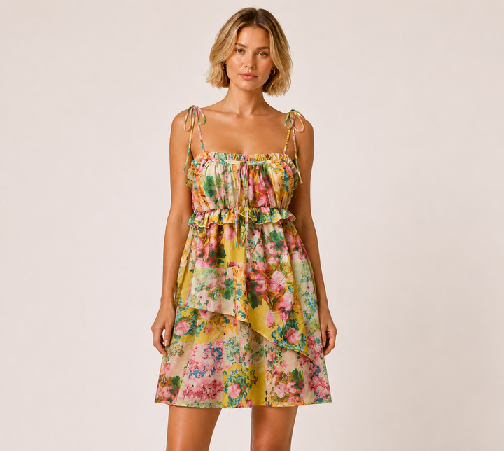 Kiss | Yellow Floral Babydoll Tie Strap Mini Dress