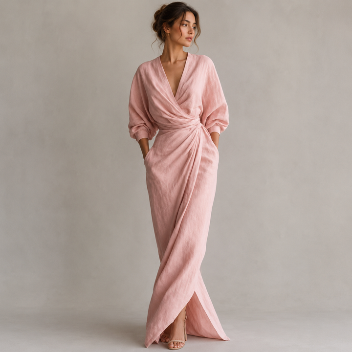 Held | Blush Draped V Neck Wrap Maxi Dress