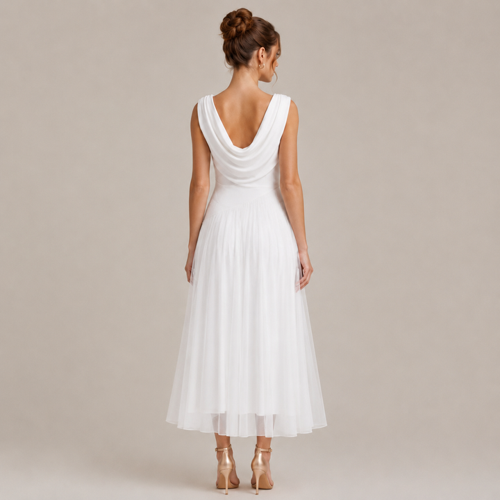 Drape | White Boat Neck Pleated Midi Dress