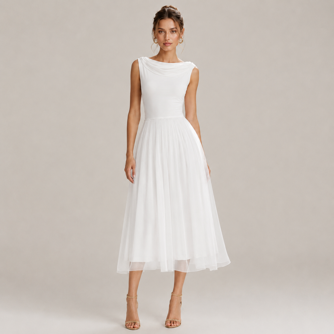Drape | White Boat Neck Pleated Midi Dress