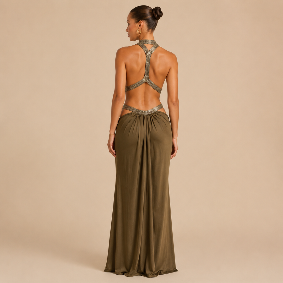 Muse | Plunge Backless Draped Maxi Dress