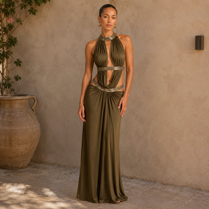 Muse | Plunge Backless Draped Maxi Dress