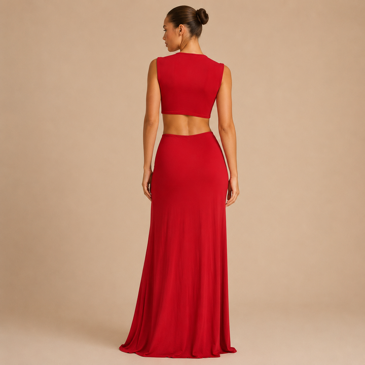Cut |  Deep V-Neck Twist Cutout High Slit Maxi Dress