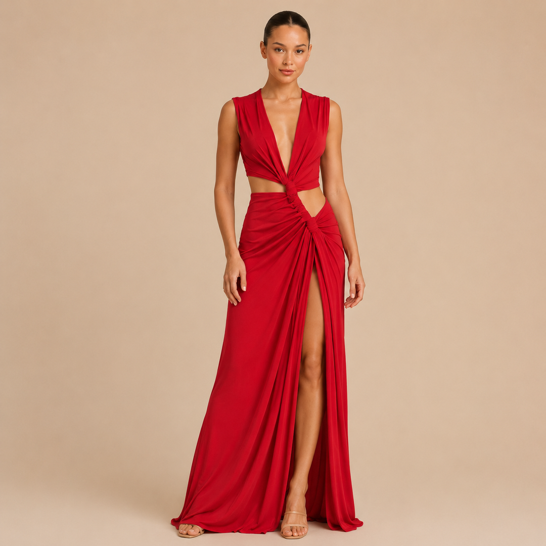 Cut |  Deep V-Neck Twist Cutout High Slit Maxi Dress