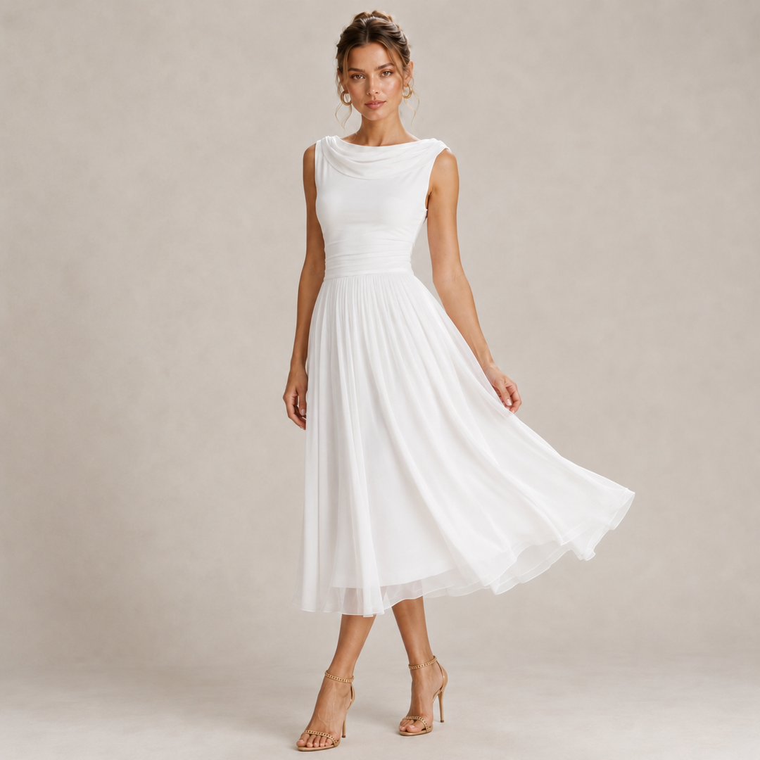 Drape | White Boat Neck Pleated Midi Dress