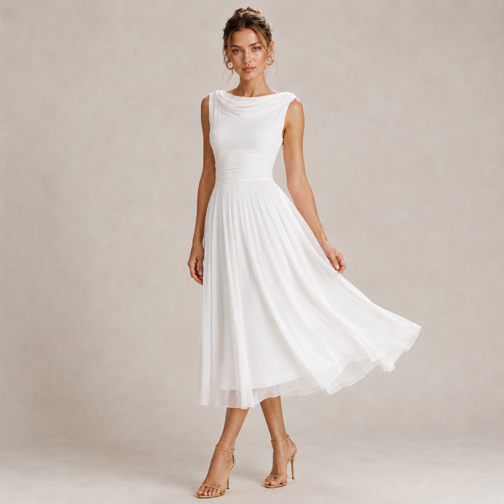 Drape | White Boat Neck Pleated Midi Dress