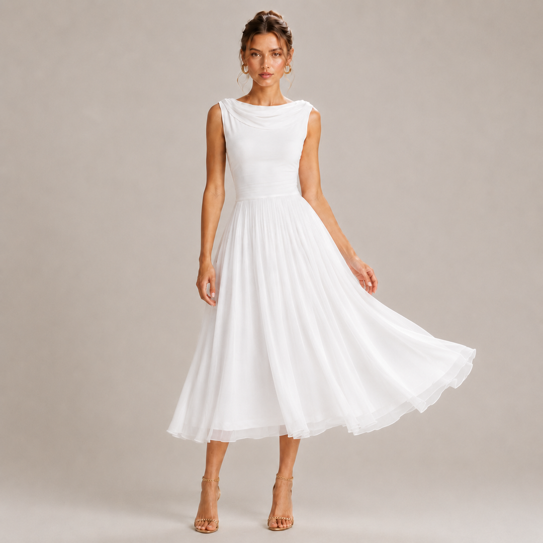 Women's White Midi Dress Boat Neck Pleated A Line Wedding Guest Cocktail Bridesmaid Formal Evening Party – The Hang