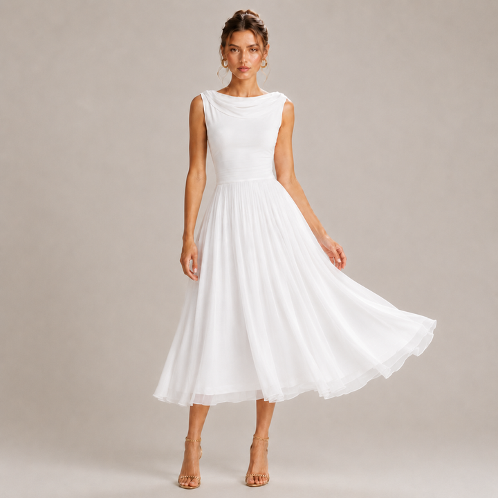 Drape | White Boat Neck Pleated Midi Dress
