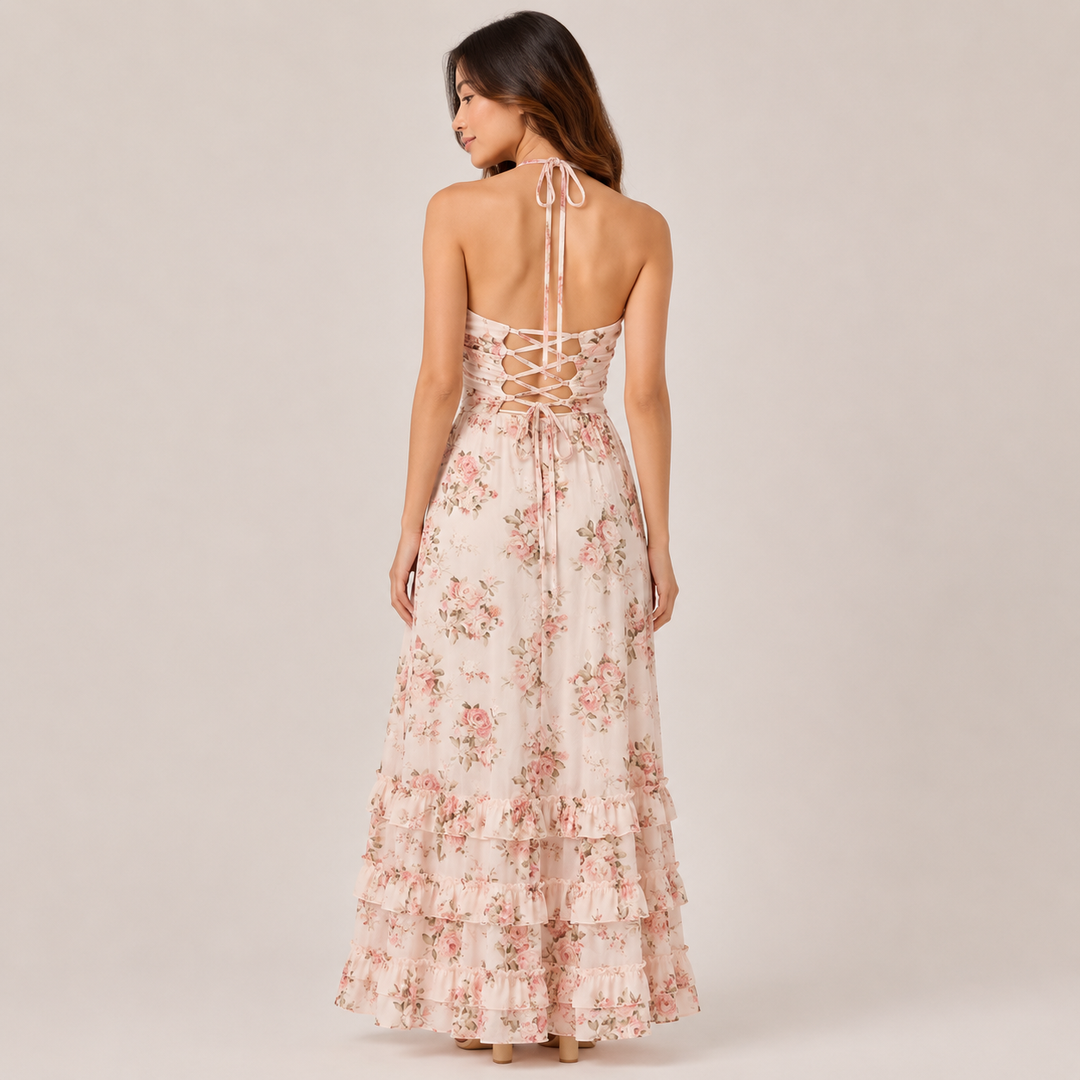 Trail | Floral Halter Lace-Up Tiered Maxi Dress
