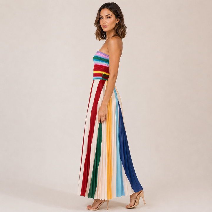 Prism | Multicolor Striped Pleated Strapless Maxi Dress
