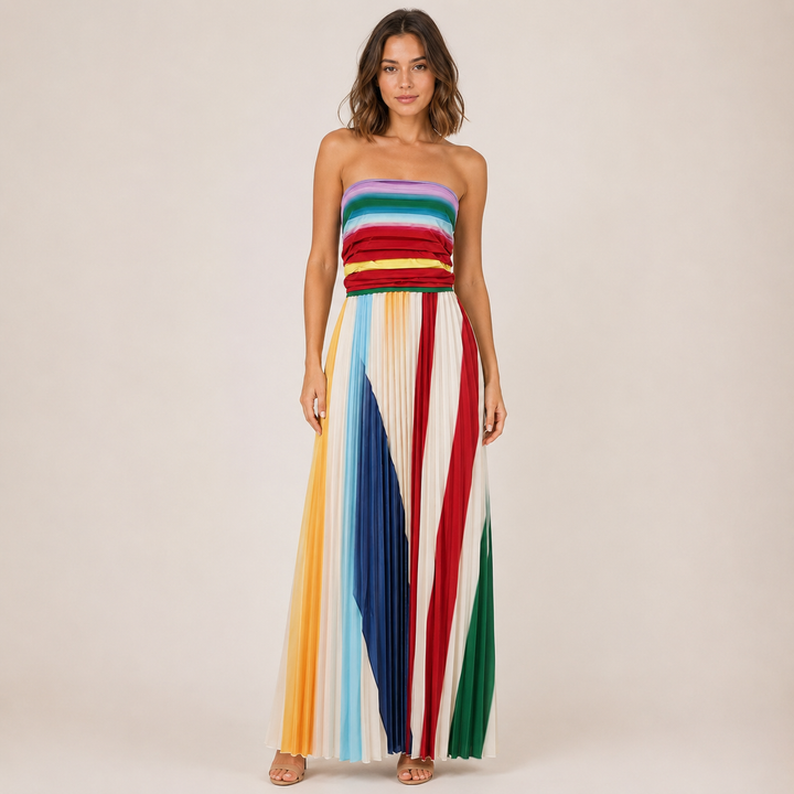 Prism | Multicolor Striped Pleated Strapless Maxi Dress