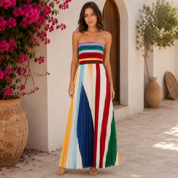 Prism | Multicolor Striped Pleated Strapless Maxi Dress