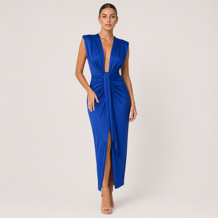 Coil | Blue Twist Front Satin Maxi Dress