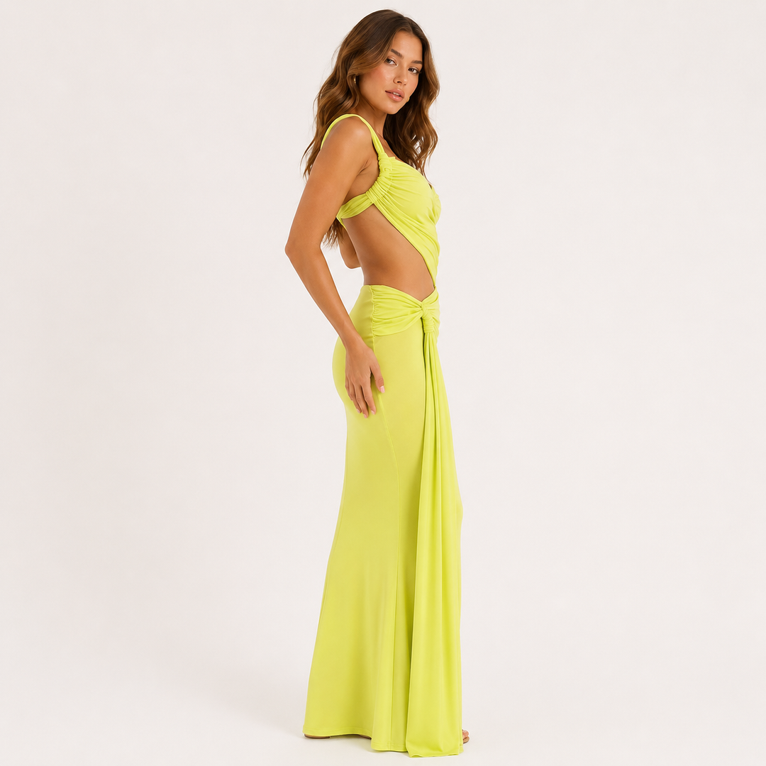 Blaze | Green One-Shoulder Cutout Wrap Maxi Dress