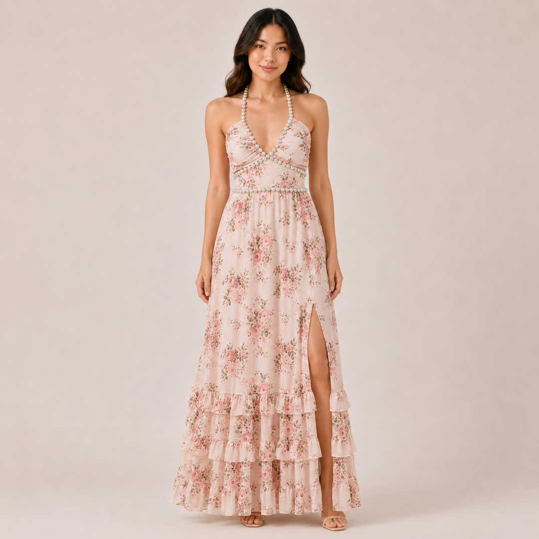 Trail | Floral Halter Lace-Up Tiered Maxi Dress