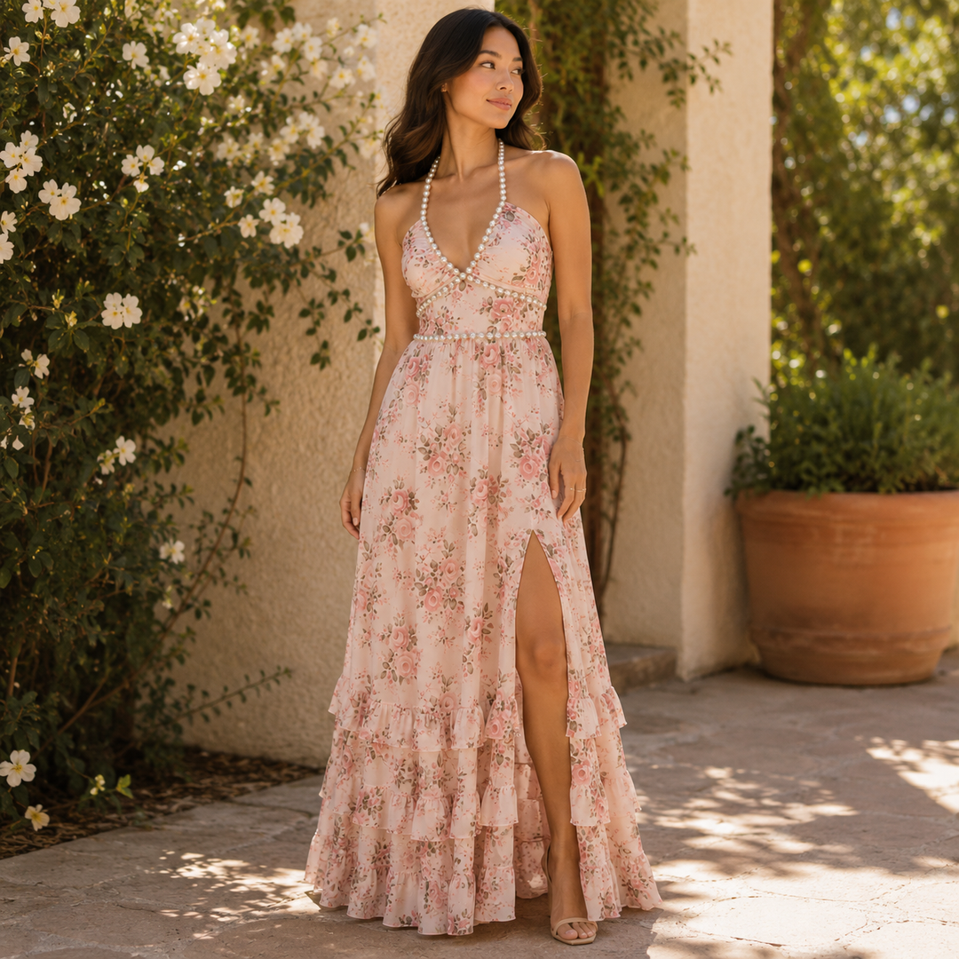 Trail | Floral Halter Lace-Up Tiered Maxi Dress