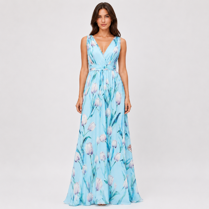 Whisk | Sky Blue Tulip Floral Chiffon V Neck Maxi Dress