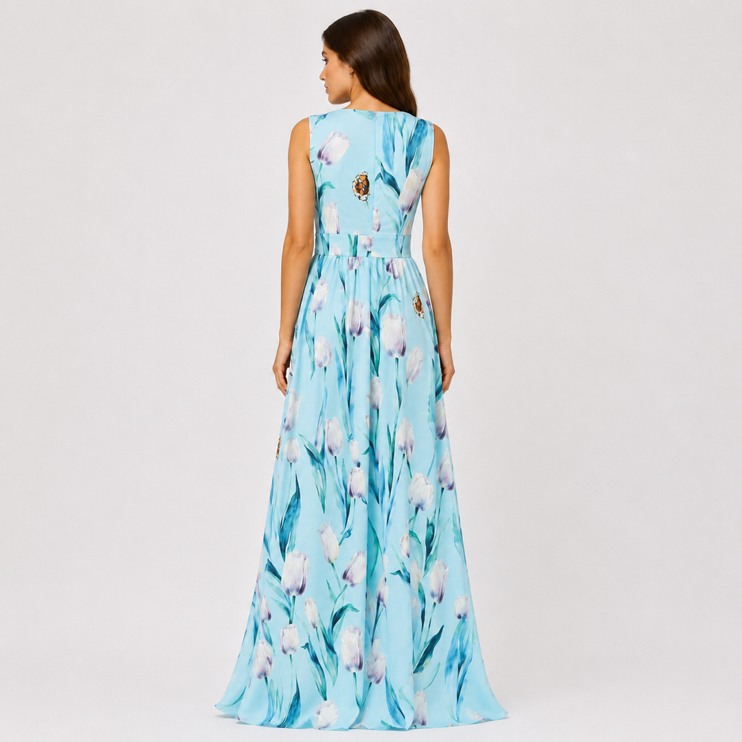 Whisk | Sky Blue Tulip Floral Chiffon V Neck Maxi Dress