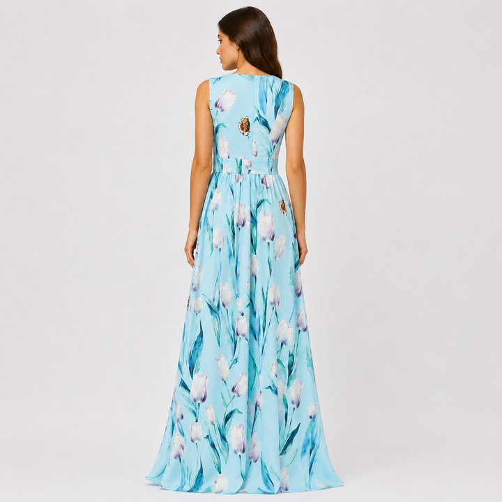 Whisk | Sky Blue Tulip Floral Chiffon V Neck Maxi Dress
