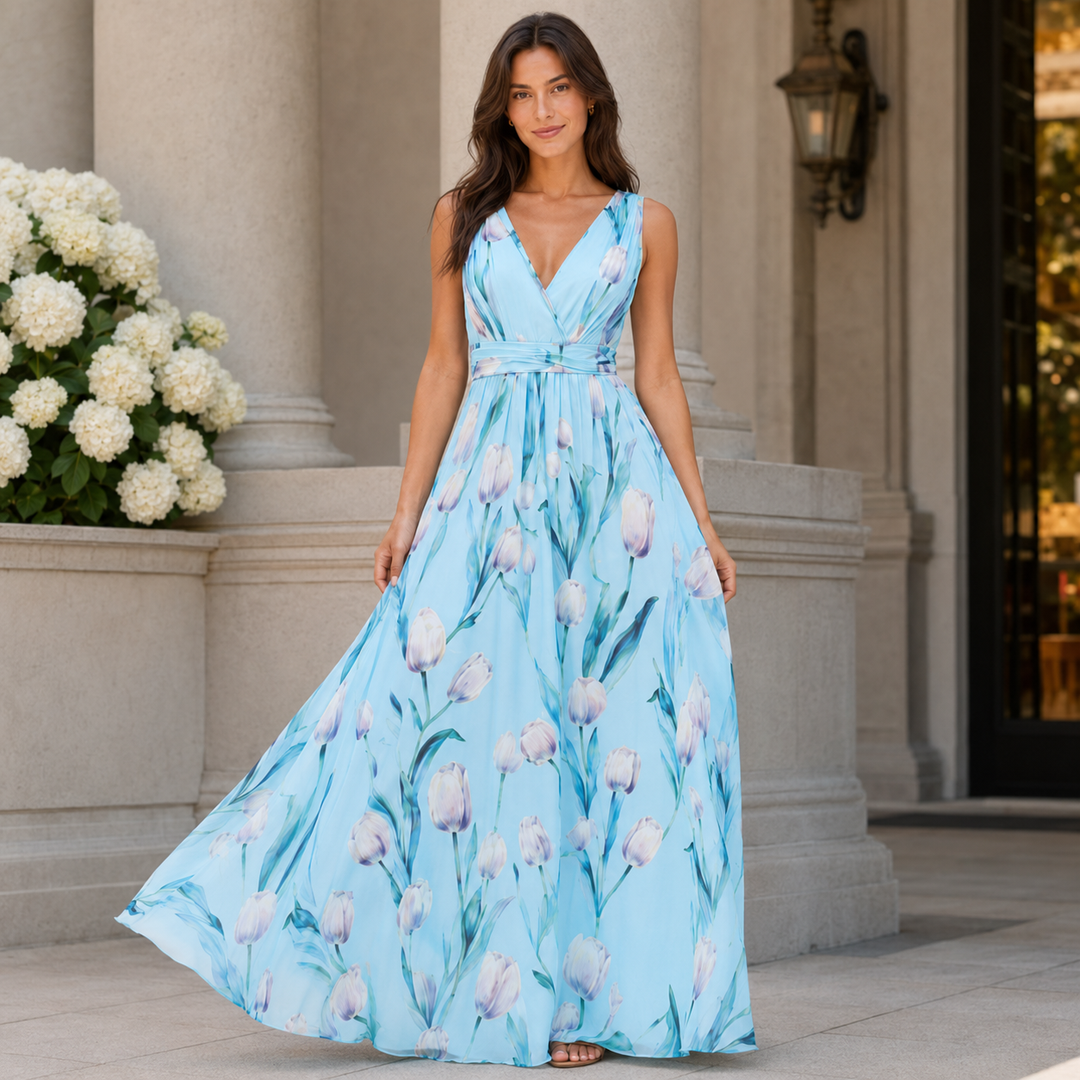 Whisk | Sky Blue Tulip Floral Chiffon V Neck Maxi Dress
