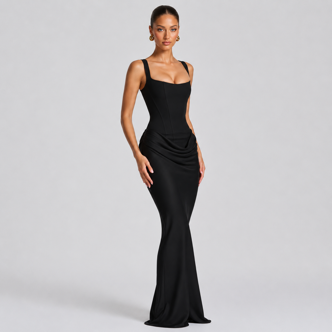 Vow | Square Neck Corset Cowl Drape Maxi Dress