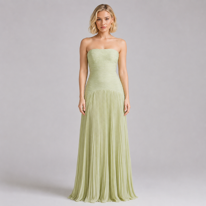 Flute | Sage Green Strapless Pleated Formal Maxi Dress