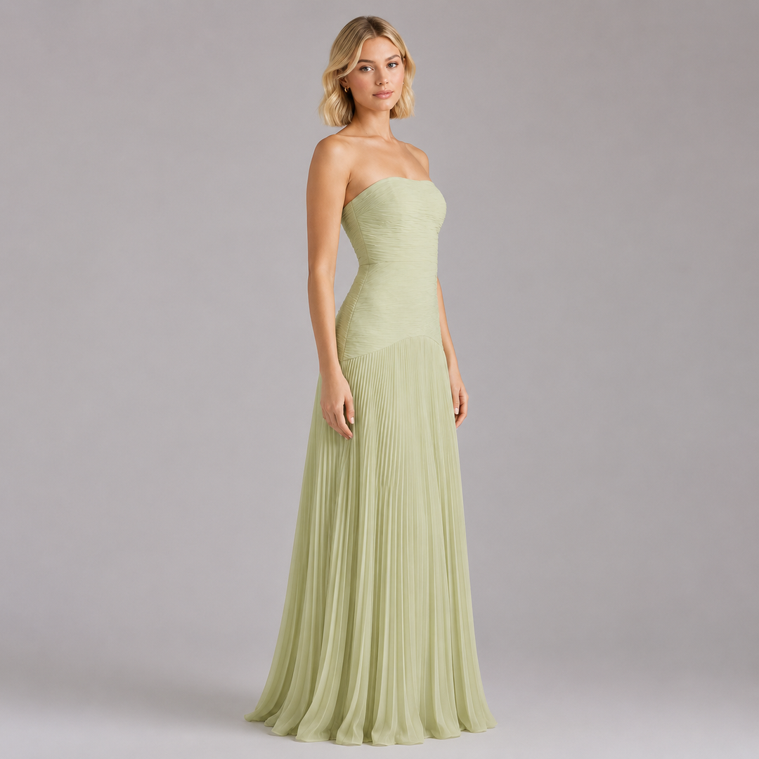 Flute | Sage Green Strapless Pleated Formal Maxi Dress