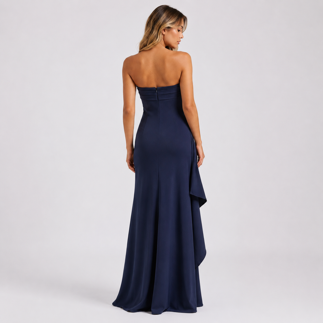 Oath | Navy Strapless Ruched High Slit Maxi Dress