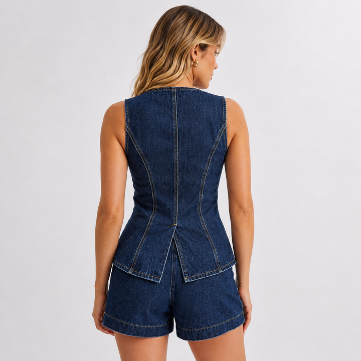 Score | Dark Wash Denim Vest &amp; High Waist Shorts Set