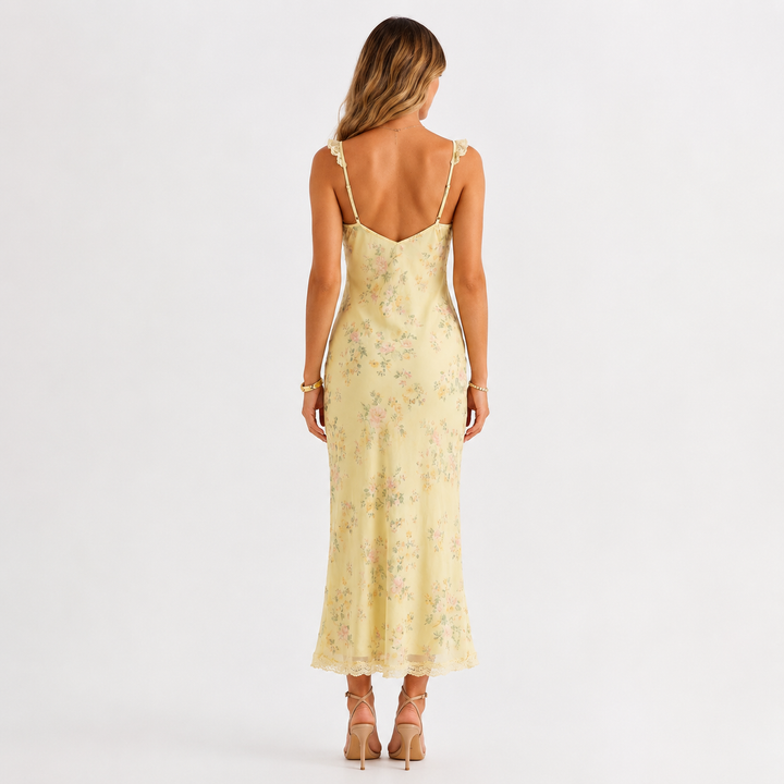Stay | Butter Yellow Floral Lace Trim Slip Midi Dress