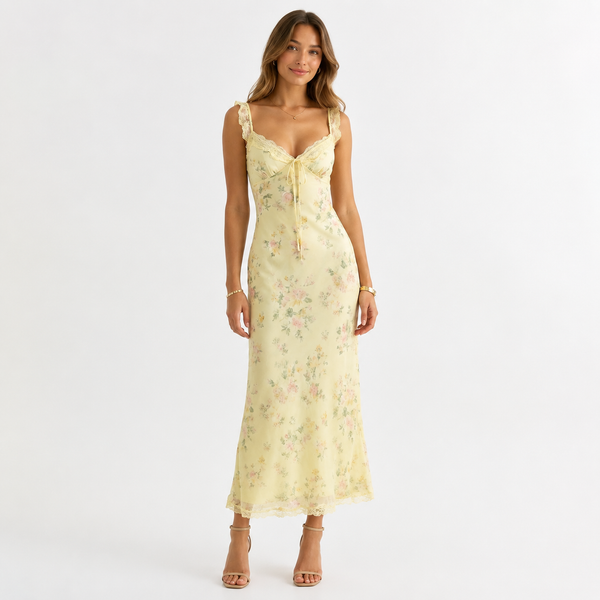 Stay | Butter Yellow Floral Lace Trim Slip Midi Dress