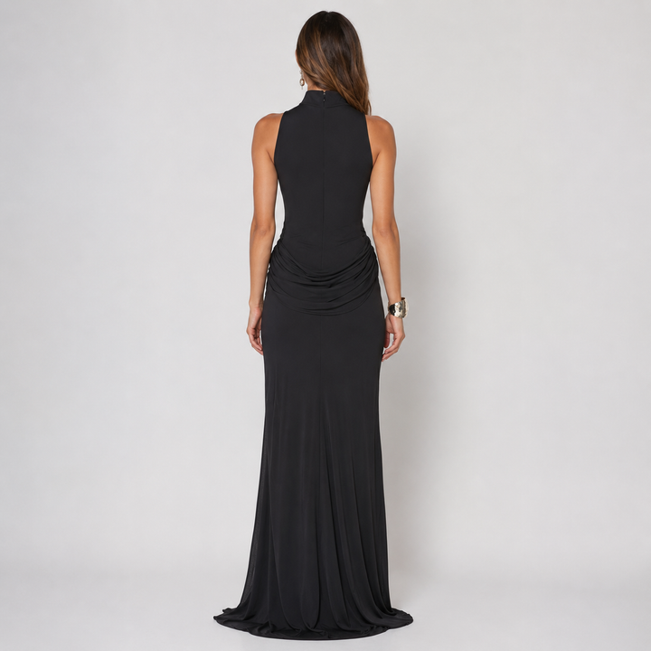 Splice | Black High Neck Ruched Side Slit Sleeveless Maxi Dress