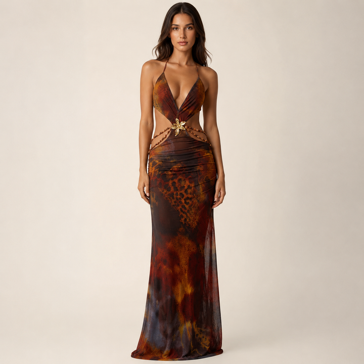 Crave | Brown Animal Print Deep Plunge Halterneck Maxi Dress
