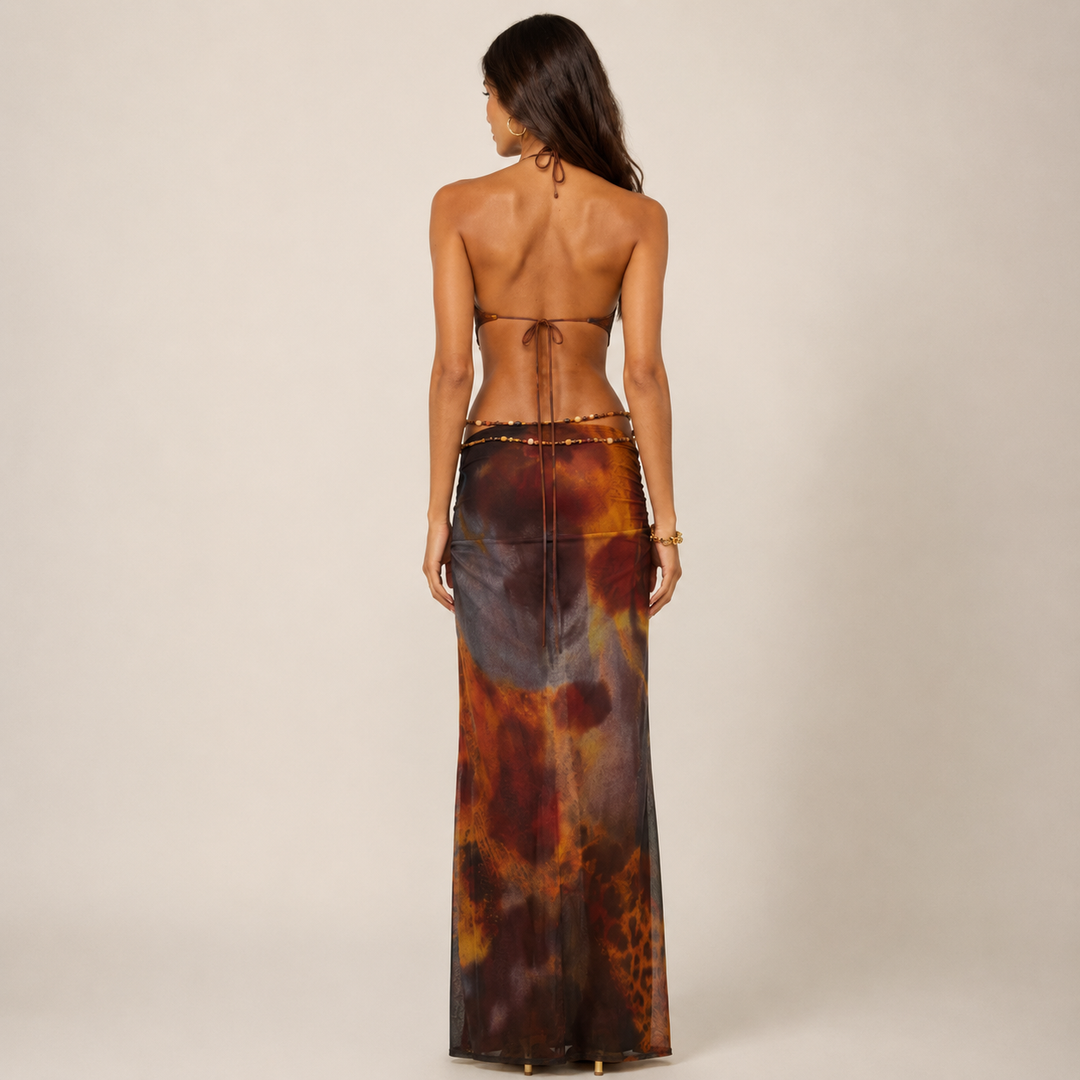 Crave | Brown Animal Print Deep Plunge Halterneck Maxi Dress