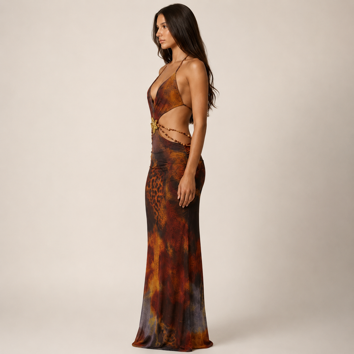 Crave | Brown Animal Print Deep Plunge Halterneck Maxi Dress