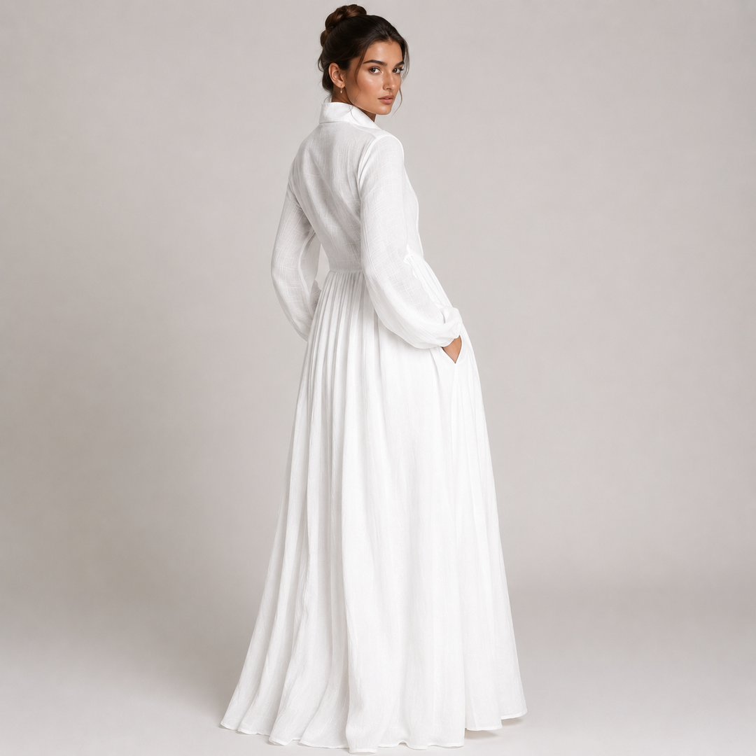 Soothe | White Plunge Long Sleeve Ruched Maxi Dress