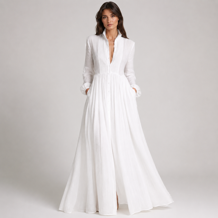 Soothe | White Plunge Long Sleeve Ruched Maxi Dress