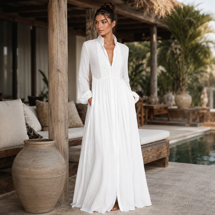 Soothe | White Plunge Long Sleeve Ruched Maxi Dress