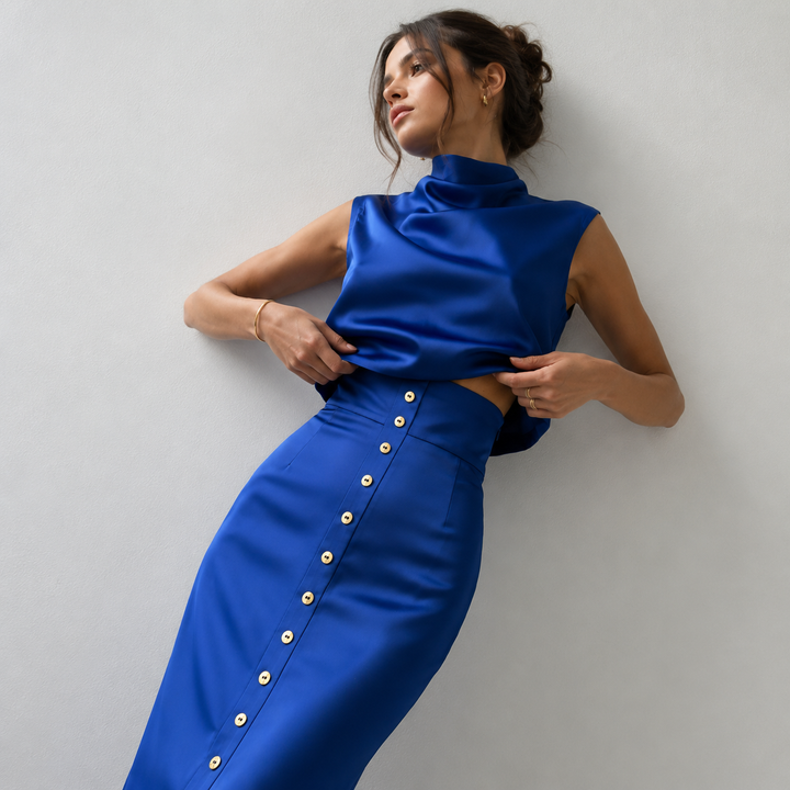 Allure | Royal Blue Satin Cowl Top Maxi Skirt Set