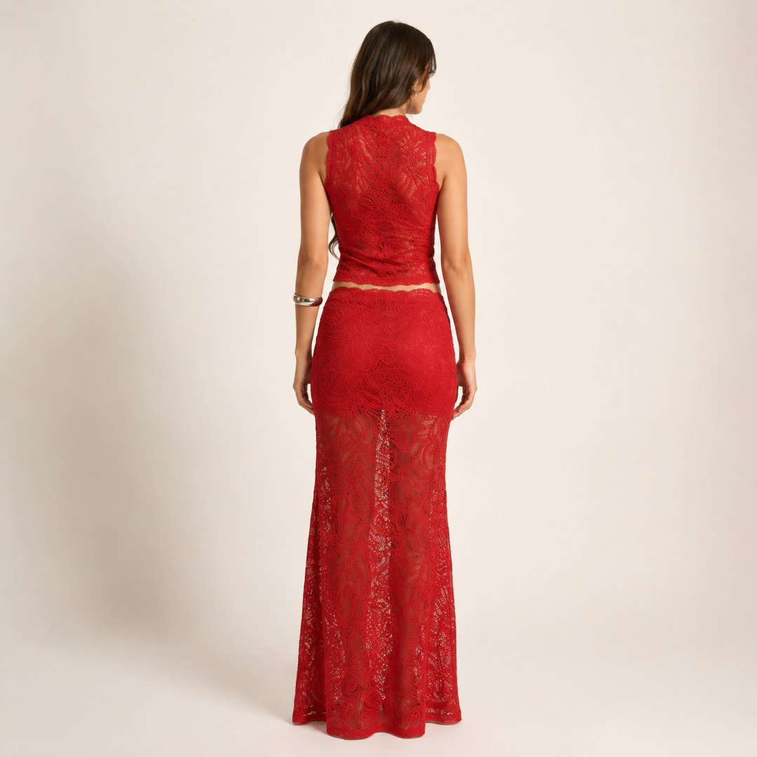 Ache | Red Crop Top &amp; Maxi Skirt Two-Piece Set