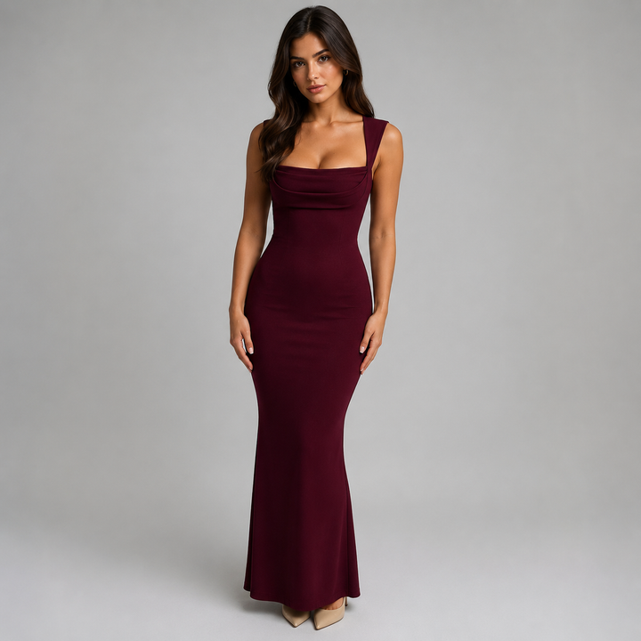 Frame | Burgundy Square Neck Pleated Bust Maxi Dress