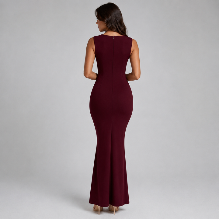 Frame | Burgundy Square Neck Pleated Bust Maxi Dress