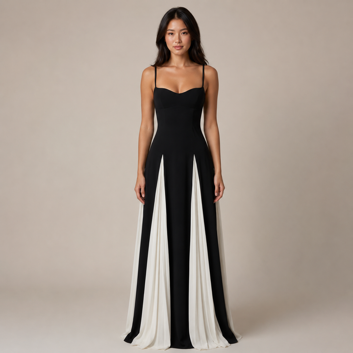 Stir | Black White Sweetheart Contrast Panel Maxi Dress