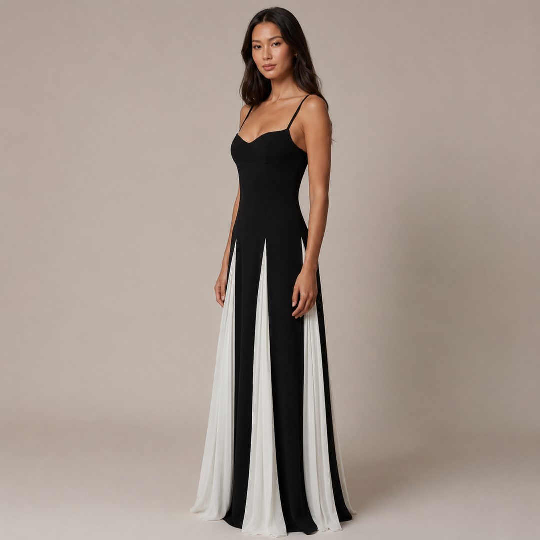 Stir | Black White Sweetheart Contrast Panel Maxi Dress