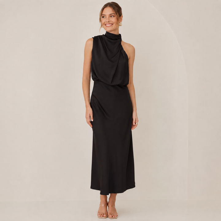 Cast | Black Satin Halter Cowl Neck Midi Dress