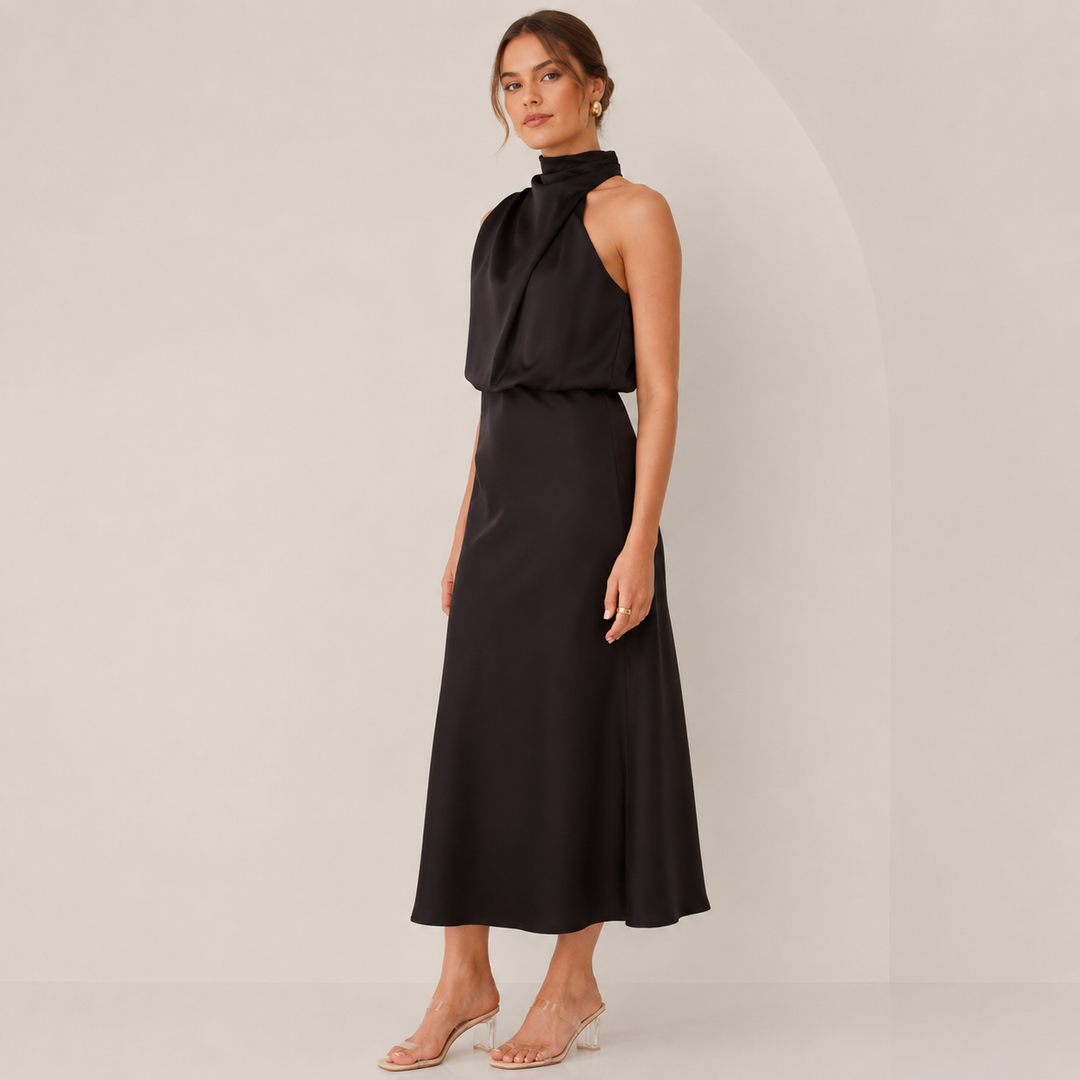 Cast | Black Satin Halter Cowl Neck Midi Dress